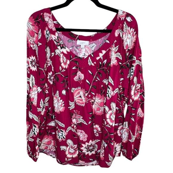 LOFT Outlet Blouse Womens XXL Red/Pink Floral Balloon Sleeves V-Neck Blouse - Picture 1 of 9
